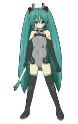 Rule 34 | 1girl, adapted costume, alternate costume, animal ears, aqua eyes, aqua hair, black footwear, black gloves, black thighhighs, blush, boots, clenched hand, covered navel, elbow gloves, fake animal ears, flat chest, food, full body, gloves, hair between eyes, hairband, halterneck, hatsune miku, headgear, holding, katsuragi kosuke, leotard, light smile, long hair, looking at viewer, motionslit, parody, pilot suit, simple background, sky girls, smile, solo, spring onion, standing, tattoo, thigh boots, thighhighs, turtleneck, vegetable, very long hair, vocaloid, white background, zipper