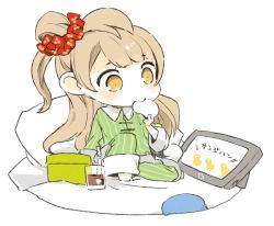 Rule 34 | 1girl, bad id, bad twitter id, blanket, brown eyes, brown hair, chibi, cup, drink, eating, food, full body, hair ornament, hair scrunchie, long hair, love live!, love live! school idol project, minami kotori, mota, one side up, pajamas, pants, scrunchie, shirt, sitting, solo, striped clothes, striped pants, striped shirt, vertical-striped clothes, vertical-striped pants, vertical-striped shirt