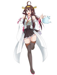 Rule 34 | 10s, 1girl, ;d, absurdres, ahoge, black eyes, brown hair, brown thighhighs, double bun, full body, hair bun, hand on own hip, headgear, highres, kantai collection, kettle, kongou (kancolle), long hair, looking at viewer, miniskirt, nontraditional miko, one eye closed, open mouth, pinky out, pleated skirt, ribbon-trimmed sleeves, ribbon trim, shirubi (shiruvi v), simple background, skirt, smile, solo, standing, standing on one leg, teapot, thighhighs, white background
