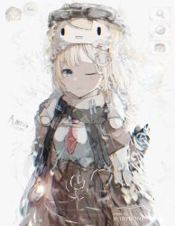 Rule 34 | 1girl, black gloves, blonde hair, blouse, blue eyes, blurry, brown capelet, brown skirt, capelet, chromatic aberration, collared shirt, gloves, hair ornament, high-waist skirt, highres, hololive, hololive english, hurybone, magnifying glass, necktie, one eye closed, pocket watch, scarf, shirt, skirt, smol ame, virtual youtuber, watch, watson amelia, white shirt