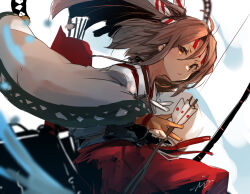Rule 34 | 1girl, arrow (projectile), blurry, bow (weapon), brown eyes, brown hair, depth of field, hachimaki, hakama, hakama shorts, headband, high ponytail, highres, japanese clothes, kantai collection, long hair, looking at viewer, muneate, quiver, red shorts, shorts, solo, striped headband, sunday aki, weapon, wide sleeves, zuihou (kancolle)