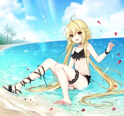 Rule 34 | 1girl, :d, ahoge, arm support, bare arms, bare legs, bare shoulders, barefoot, beach, bikini, black bikini, black bow, black choker, black footwear, blonde hair, blue sky, bow, bow bikini, braid, bridal garter, choker, closers, cloud, coconut tree, collarbone, falling petals, feet, flat chest, frilled bikini, frills, full body, gem, hand up, highres, legs, lens flare, long hair, looking at viewer, low twintails, lucy (closers), navel, ocean, official art, on ground, open mouth, outdoors, palm tree, partially submerged, petals, petals on liquid, red gemstone, rose petals, sand, sandals, shoes, side braid, single sandal, single shoe, sitting, sky, smile, solo, stomach, sunlight, swimsuit, teeth, toes, tree, twintails, upper teeth only, very long hair, wet, wrist straps, yellow eyes