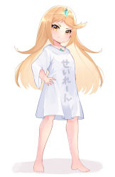Rule 34 | 1girl, aged down, barefoot, blonde hair, blouse, chest jewel, child, highres, long hair, mythra (xenoblade), risumi (taka-fallcherryblossom), shirt, simple background, solo, swept bangs, t-shirt, very long hair, white background, white shirt, xenoblade chronicles (series), xenoblade chronicles 2, yellow eyes