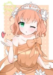 Rule 34 | 1girl, ;o, blowing kiss, blush, bow, bow earrings, brb9864, child&#039;s drawing, collarbone, commentary, crossed bangs, doodle inset, dress, dress bow, dress flower, earrings, flower, green eyes, hair flower, hair ornament, heart, highres, hinoshita kaho, jewelry, kiseki no budoukai (103rd) (love live!), link! like! love live!, looking at viewer, love live!, medium hair, motion lines, off-shoulder dress, off shoulder, one eye closed, orange background, orange bow, orange dress, orange hair, short sleeves, solo, tiara, two side up, upper body, virtual youtuber, wavy hair, white flower, white tiara