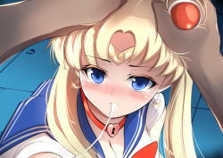 Rule 34 | 1boy, 1girl, after fellatio, bishoujo senshi sailor moon, bishoujo senshi sailor moon s, blonde hair, blouse, blue eyes, blue sailor collar, blush, breasts, choker, circlet, cleavage, crescent, crescent earrings, cum, cum in mouth, cum string, derivative work, double bun, earrings, grabbing another&#039;s hair, hair bun, hair ornament, hands on another&#039;s head, headpat, heart, heart choker, hetero, jewelry, long hair, looking at viewer, meme, meow7tail, nose blush, parted bangs, red choker, sailor collar, sailor moon, sailor moon redraw challenge (meme), sailor senshi, sailor senshi uniform, screenshot redraw, shirt, short sleeves, tears, tsukino usagi, twintails, upper body, white shirt