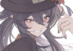 Rule 34 | 1girl, black hat, black nails, brown hair, genshin impact, gnsn tori, half-closed eyes, hat, hat tip, highres, hu tao (genshin impact), long hair, looking at viewer, nail polish, portrait, red eyes, simple background, smile, solo, top hat, twintails, white background