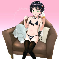 Rule 34 | 1girl, armchair, artist name, bare arms, bare shoulders, bikini, black choker, black hair, black thighhighs, bow, bow bikini, chair, choker, closed mouth, commentary, dated, feet out of frame, female focus, flag, food, food on face, frilled bikini, frills, gradient background, green eyes, groin, hair ornament, hairband, heart, heart hair ornament, heart o-ring, highres, holding, holding food, ice cream, ice cream cone, knees together feet apart, licking lips, looking at viewer, maid, maid bikini, mayafufu, micro bikini, navel, on chair, original, pillow, pink background, revision, side-tie bikini bottom, smile, soft serve, solo, stuffed animal, stuffed elephant, stuffed toy, swimsuit, thighhighs, tongue, tongue out, unconventional maid, white background, white hairband