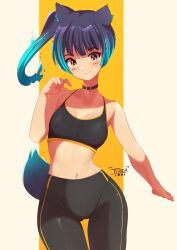 Rule 34 | 1girl, alternate costume, animal ears, black sports bra, blue hair, breasts, closed mouth, commentary, dog ears, dog tail, fiery hair, highres, looking at viewer, medium breasts, navel, pants, sena (xenoblade), side ponytail, smile, solo, sports bra, tail, tiger1001, xenoblade chronicles (series), xenoblade chronicles 3, yoga pants
