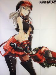 Rule 34 | 10s, 1girl, absurdres, alisa ilinichina amiella, black gloves, black pantyhose, blue eyes, breasts, cloud, fingerless gloves, gloves, god eater, god eater burst, hat, highres, holding, holding weapon, huge weapon, official art, pantyhose, pleated skirt, silver hair, skirt, sky, smile, solo, suspender skirt, suspenders, sword, thighhighs, underboob, weapon