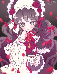 Rule 34 | 1girl, absurdres, ascot, black hair, bonnet, capelet, commentary request, cowboy shot, cup, dress, flower, frilled capelet, frilled dress, frills, gaaruru (pripara), hand on own face, hand up, highres, holding, holding cup, lolita fashion, long hair, long sleeves, looking at viewer, momokan (mmkn100), open mouth, petals, pretty series, pripara, red ascot, red flower, red rose, rose, rose petals, solo, teacup, two-tone dress, very long hair, wavy hair, wrist cuffs