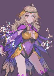 Rule 34 | 1girl, ahoge, asymmetrical bangs, blonde hair, bodystocking, breasts, bridal gauntlets, cape, circlet, covered navel, fes4, fire emblem, fire emblem fates, fire emblem heroes, looking at viewer, medium breasts, nintendo, official alternate costume, ophelia (fire emblem), pantyhose, purple background, solo, sparkle, thighs, upper body