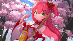 Rule 34 | 1girl, ahoge, ame., bare shoulders, bell, blue sky, bow, breasts, closed mouth, commentary request, day, floating hair, flower, green eyes, hair bell, hair between eyes, hair bow, hair ornament, hairclip, hakama, hand up, highres, holding, holding flower, hololive, japanese clothes, jingle bell, kimono, long hair, looking at viewer, medium breasts, one side up, outdoors, pink flower, pink hair, red bow, red hakama, sakura miko, sakura miko (1st costume), sky, sleeveless, sleeveless kimono, smile, solo, tree, very long hair, virtual youtuber, white kimono, x hair ornament, yellow bow