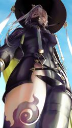 Rule 34 | 1girl, absurdres, armor, armored boots, belt, black cape, black skirt, blue sky, boots, breastplate, breasts, cape, fate/grand order, fate (series), from below, gauntlets, green cape, grey eyes, hair between eyes, hat, high collar, highres, huyan zhuo (fate), huyan zhuo (first ascension) (fate), jingasa, kankitsurui (house of citrus), large breasts, long hair, looking to the side, mask, mouth mask, skirt, sky, thighs, two-tone cape, white hair
