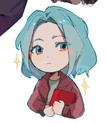 Rule 34 | 1girl, blue hair, chinese commentary, closed mouth, commentary request, enomoto noa, frown, grey shirt, hood, hood down, hooded jacket, jacket, light blue hair, open clothes, open jacket, painttool sai (medium), red jacket, saibou shinkyoku, shirt, short hair, simple background, solo, songlajihuijia, sparkle, upper body, white shirt