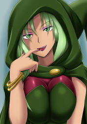 Rule 34 | 10s, 1girl, bracelet, breasts, cleavage, fangs, finger to mouth, fingernails, fuuma nagi, green eyes, green hair, highres, jewelry, large breasts, lipstick, looking at viewer, majorina, makeup, matching hair/eyes, nail polish, precure, saliva, sharp fingernails, smile precure!, solo, tongue