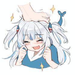 Rule 34 | 1girl, 1other, :d, absurdres, blue hair, blunt bangs, blush, closed eyes, commentary, cropped arms, cropped torso, english commentary, evangellium, fang, fins, fish tail, gawr gura, hand on another&#039;s head, headpat, highres, hololive, hololive english, long hair, multicolored hair, open mouth, shark tail, simple background, smile, solo focus, sparkle, streaked hair, tail, two-tone hair, two side up, upper body, virtual youtuber, white background, white hair
