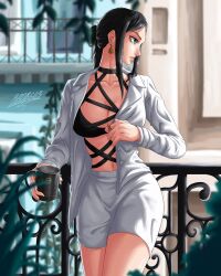 Rule 34 | 1girl, alternate costume, black hair, blue eyes, breasts, cleavage cutout, clothing cutout, female focus, formal, highres, large breasts, nico robin, one piece, solo, suit