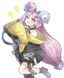 Rule 34 | 1girl, :d, aqua hair, blush, boots, character hair ornament, commentary request, creatures (company), game freak, grey footwear, grey pantyhose, grey shirt, hair ornament, hands up, happy, highres, iono (pokemon), jacket, kanataww, long hair, multicolored hair, nintendo, open mouth, pantyhose, pink hair, poke ball, poke ball (basic), pokemon, pokemon sv, purple eyes, shirt, single leg pantyhose, sleeveless, sleeveless shirt, smile, solo, teeth, thigh strap, twintails, two-tone hair, upper teeth only, yellow jacket