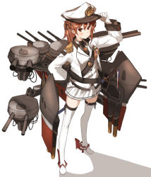Rule 34 | 1girl, adjusting clothes, adjusting headwear, amonitto, anchor hair ornament, battleship, brown hair, cannon, epaulettes, gloves, hair ornament, hand on headwear, hand on own hip, hat, hat tip, jacket, katana, long sleeves, machinery, mecha musume, military, military hat, military uniform, military vehicle, open clothes, open jacket, original, peaked cap, personification, pleated skirt, ponytail, red eyes, ship, shirt, skirt, solo, sword, thighhighs, turret, uniform, warship, watercraft, weapon, white gloves, white thighhighs, zettai ryouiki