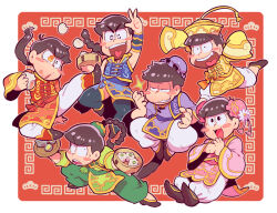 Rule 34 | 6+boys, alternate costume, alternate hairstyle, armlet, bamboo steamer, blush stickers, bowl, brothers, brown hair, bun cover, chinese clothes, dumpling, fang, food, hat, male focus, matsu symbol, matsuno choromatsu, matsuno ichimatsu, matsuno jyushimatsu, matsuno karamatsu, matsuno osomatsu, matsuno todomatsu, multiple boys, osomatsu-san, osomatsu (series), palm-fist tap, pelvic curtain, ponytail, qingdai guanmao, red background, sanjiro (tenshin anman), sextuplets, shaded face, shirt, siblings, sleeveless, sleeveless shirt, sleeves past fingers, sleeves past wrists, sparkling eyes, symbol-shaped pupils, tangzhuang, v