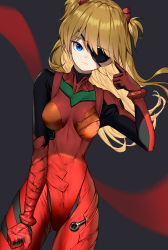 Rule 34 | 1girl, arm up, blonde hair, blue eyes, bodysuit, closed mouth, cowboy shot, dduck kong, dutch angle, gloves, gluteal fold, highres, looking at viewer, neon genesis evangelion, plugsuit, red bodysuit, red gloves, skin tight, smile, solo, souryuu asuka langley, two-tone background, two side up