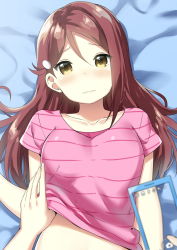 Rule 34 | 10s, 1girl, bed sheet, blurry, blush, breasts, brown hair, casual, cellphone, closed mouth, collarbone, depth of field, hair between eyes, hair ornament, hairclip, highres, holding, holding phone, lifting another&#039;s clothes, long hair, looking at viewer, love live!, love live! sunshine!!, lying, medium breasts, on back, on bed, out of frame, phone, pink shirt, pov, pov hands, red hair, sakurauchi riko, shiny clothes, shirt, short sleeves, sky-freedom, solo focus, t-shirt, taking picture, upper body, v-neck, wavy mouth, yellow eyes