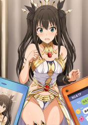 Rule 34 | 1girl, alternate hairstyle, armband, bare shoulders, bikini, black hair, blush, cellphone, cosplay, detached sleeves, embarrassed, fate/grand order, fate (series), green eyes, hair ribbon, idolmaster, idolmaster cinderella girls, inoshira, ishtar (fate), ishtar (fate) (cosplay), line (naver), name connection, pelvic curtain, phone, ribbon, shibuya rin, smartphone, swimsuit, taking picture, thigh gap, thighhighs, tohsaka rin, twintails, two side up