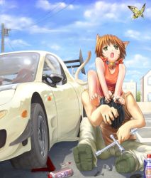 Rule 34 | 1boy, 1girl, animal ears, bell, brown hair, bug, butterfly, car, cat ears, cat tail, cloud, collar, day, fang, getty, green eyes, insect, mazda, mazda rx-7, mazda rx-7 fd, motor vehicle, neck bell, short hair, sky, tail, vehicle