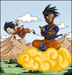 Rule 34 | black eyes, black hair, cloud, cloudy sky, dragon ball, dragon ball multiverse, flying, flying nimbus, grass, greeting, happy, highres, looking at another, looking to the side, mountain, pan (dragon ball), sky, smile, tagme, uub