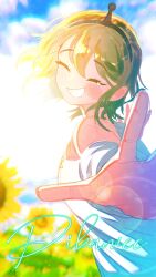 Rule 34 | 1girl, :d, ^ ^, amano pikamee, backlighting, black hairband, blonde hair, blue sky, blush, character name, clenched teeth, closed eyes, cloud, cloudy sky, commentary, english commentary, field, flower, flower field, foreshortening, from side, hairband, highres, lens flare, long sleeves, off-shoulder shirt, off shoulder, open mouth, outdoors, schwannitysan, shirt, sky, smile, solo, spread fingers, sunflower, sunflower field, tearing up, teeth, virtual youtuber, voms, white shirt