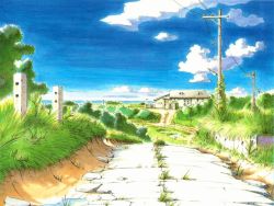Rule 34 | ashinano hitoshi, cloud, day, grass, no humans, power lines, road, rural, scenery, sky, wallpaper, yokohama kaidashi kikou