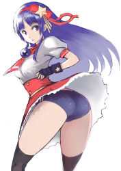 Rule 34 | 1girl, asamiya athena, ass, black thighhighs, blue eyes, blue hair, breasts, buruma, butt crack, dress, fingerless gloves, from behind, gloves, hairband, highres, johan (johan13), legs, long hair, matching hair/eyes, panties, psycho soldier, red hairband, serious, simple background, snk, solo, the king of fighters, the king of fighters xiv, thighhighs, underwear, upskirt, white background