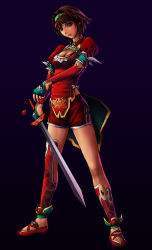 Rule 34 | 1girl, alternate costume, breasts, brown eyes, brown hair, chai xianghua, cleavage, cleavage cutout, clothing cutout, fingerless gloves, gloves, hair ornament, hairband, jian (weapon), looking at viewer, micchii (mitchiee), mitchiee, short hair, shorts, solo, soul calibur, soulcalibur, soulcalibur ii, standing, sword, tassel, thighhighs, weapon, yin yang
