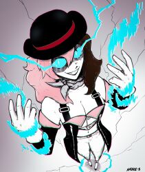 Rule 34 | andre-5, aura, bare shoulders, black hair, black headwear, blue eyes, breasts, cleavage, commentary, corruption, crack, cracked floor, curious cat (rwby), dark persona, evil smile, gloves, glowing, glowing eyes, hat, highres, long hair, looking at viewer, medium breasts, midriff, multicolored hair, neckerchief, neo politan, pink hair, possessed, possession, rwby, slit pupils, smile, standing