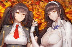 Rule 34 | 2girls, black gloves, black hair, breasts, brown eyes, closed mouth, coat, commentary request, fingerless gloves, girls&#039; frontline, gloves, hairband, holding hands, interlocked fingers, jacket, jacket on shoulders, large breasts, leaf, long hair, looking at viewer, maple leaf, monaim, multiple girls, open clothes, open jacket, revision, sidelocks, smile, twintails, type 95 (girls&#039; frontline), type 97 (girls&#039; frontline), white gloves