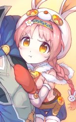 Rule 34 | 1boy, 1girl, angry, animal hat, animal hood, belt, blush, braid, cape, commentary request, gakuencho, gloves, hair ornament, hat, head out of frame, headband, highres, hood, long hair, mimi (princess connect!), pink hair, pout, princess connect!, rabbit hair ornament, rabbit hat, simple background, twin braids, yellow background, yellow eyes