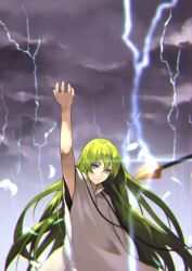 Rule 34 | 1boy, blue eyes, chain, chromatic aberration, cloud, cloudy sky, enkidu (fate), enkidu (weapon) (fate), fate/strange fake, fate (series), green hair, hand up, highres, lightning, long hair, long sleeves, looking at viewer, male focus, robe, sky, solo, white robe, yoshio (55level)