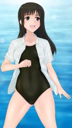 Rule 34 | 10s, 1girl, absurdres, arm at side, bad id, bad pixiv id, black eyes, black hair, black one-piece swimsuit, blush, breasts, buttons, clenched hand, collarbone, collared shirt, cowboy shot, day, dress shirt, gluteal fold, green kaminari, happy, highres, hip focus, legs apart, lens flare, long hair, looking to the side, medium breasts, ocean, one-piece swimsuit, open clothes, open mouth, open shirt, outdoors, seiren, shirt, sidelocks, smile, solo, sparkle, standing, swimsuit, swimsuit under clothes, thighs, touno kyouko, unbuttoned, water, white shirt