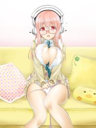 Rule 34 | 1girl, bespectacled, between breasts, between legs, blush, breasts squeezed together, breasts, cleavage, clothes between breasts, couch, embarrassed, glasses, hand between legs, headphones, highres, jacket, large breasts, looking at viewer, necktie, nitroplus, no bra, no pants, okitakung, open clothes, open jacket, open mouth, open shirt, panties, panty pull, pillow, pink eyes, pink hair, shirt, sitting, solo, super sonico, teardrop, tears, underwear, white panties