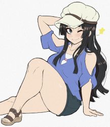 Rule 34 | 1girl, akiyama mio, arm behind head, arm up, black eyes, black hair, blush, breasts, closed mouth, collarbone, hat, k-on!, knee up, large breasts, long hair, looking at viewer, one eye closed, sandals, short sleeves, shorts, sitting, smile, solo, star (symbol), thick thighs, thighs, young savage
