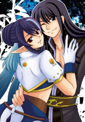 Rule 34 | 00s, 1boy, 1girl, asaki yukia, bad id, bad pixiv id, black eyes, black hair, blue hair, couple, gloves, hand on another&#039;s chest, hand on own hip, hetero, judith (tales), long hair, midriff, one eye closed, pointy ears, red eyes, smile, tales of (series), tales of vesperia, white gloves, wink, yuri lowell