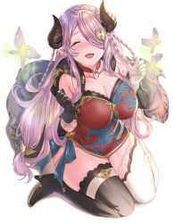 Rule 34 | 1girl, aldehyde, asymmetrical gloves, blush, boots, braid, breasts, cape, cleavage, closed eyes, collarbone, commentary request, draph, dress, elbow gloves, fangs, full body, gloves, granblue fantasy, hair ornament, hair over one eye, hairclip, hands up, high heel boots, high heels, highres, horns, large breasts, lips, long hair, narmaya (granblue fantasy), open mouth, pink hair, pointy ears, shiny skin, short dress, simple background, sitting, smile, thigh boots, thighhighs, thighs, uneven gloves, wariza