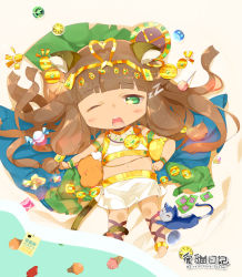 Rule 34 | 1girl, animal ears, bastet (p&amp;d), brown hair, cat, cat ears, cat tail, chibi, green eyes, heco (mama), jewelry, long hair, lots of jewelry, midriff, one eye closed, puzzle &amp; dragons, solo, tail