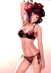 Rule 34 | 1girl, absurdres, armpits, arms up, bare shoulders, black hair, blue eyes, bra, breasts, cleavage, closed mouth, collarbone, fate/grand order, fate (series), fingernails, hair ornament, hair stick, highres, katsushika hokusai (fate), lingerie, mashuu (neko no oyashiro), medium breasts, navel, panties, scan, short hair, side-tie panties, signature, solo, third-party source, underwear, underwear only