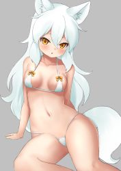 Rule 34 | 1girl, :o, absurdres, animal ear fluff, animal ears, arctic fox (kemono friends), arm behind back, arm support, bikini, blush, bow, breasts, collarbone, commentary, deku suke, feet out of frame, fox ears, fox girl, fox tail, grey background, groin, hair between eyes, highres, kemono friends, leaning back, leaning to the side, long hair, looking at viewer, micro bikini, navel, orange eyes, parted lips, shiny skin, simple background, sitting, small breasts, solo, stomach, swimsuit, tail, white bikini, white hair, yellow bow