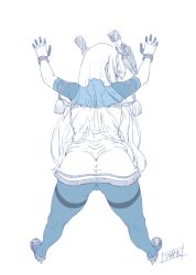 Rule 34 | 10s, 1girl, ass, bent over, blue theme, full body, gloves, headgear, kantai collection, long hair, looking at viewer, minazuki tsuyuha, monochrome, murakumo (kancolle), murakumo kai ni (kancolle), pantyhose, simple background, solo, thighband pantyhose, white background