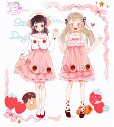 Rule 34 | 2girls, :o, ankle socks, artist name, blonde hair, blush stickers, bow, brown eyes, brown footwear, brown hair, brown ribbon, buttons, center frills, chocolate strawberry, clothes lift, collar, collared jacket, collared shirt, commentary, dessert, doughnut print, dress, dress lift, english commentary, english text, eyeshadow, food, food print, frilled collar, frilled dress, frilled socks, frills, full body, hair ribbon, hat, heart, high heels, highres, holding hands, jacket, lifting own clothes, lolita fashion, long hair, long sleeves, looking at viewer, macaron, makeup, mary janes, medium hair, multiple girls, open mouth, original, pink bow, pink dress, pink eyeshadow, pink headwear, pink ribbon, pointing, pointing up, polka dot socks, puffy short sleeves, puffy sleeves, pumps, putong xiao gou, red bow, red footwear, ribbon, rocking horse, shirt, shoes, short dress, short sleeves, sleeve bow, sleeveless, sleeveless dress, smile, socks, sparkling eyes, star (symbol), strawberry print, teeth, unicorn, upper teeth only, white background, white jacket, white shirt, white socks