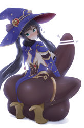 Rule 34 | 1futa, anatto, ass, black hair, blush, breasts, bulge, censored, elbow gloves, erection, erection under clothes, futanari, genshin impact, gigantic penis, gloves, green eyes, hat, heart, high heels, huge ass, huge testicles, large breasts, leotard, long hair, looking at viewer, looking back, mona (genshin impact), pantyhose, penis, solo, squatting, testicles, thighs, twintails, white background, witch hat