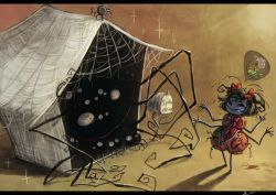 Rule 34 | 1girl, arthropod girl, black hair, bow, bowtie, bug, colored skin, cup, extra arms, extra eyes, fangs, insect girl, koto inari, letterboxed, mailbox, muffet, puffy pants, purple skin, red bow, red bowtie, ribbon, silk, smile, spider, spider girl, spider web, spoken object, teacup, teapot, undertale