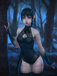 Rule 34 | 1girl, black hair, blue eyes, blurry, borrowed character, braid, breasts, choker, cleavage, cleavage cutout, clothing cutout, contrapposto, depth of field, forest, fur, gohpot, halterneck, horns, leotard, long hair, medium breasts, mole, mole under mouth, monster girl, nature, original, parted lips, pointy ears, realistic, signature, single braid, solo, standing, thighhighs, tree, very long hair